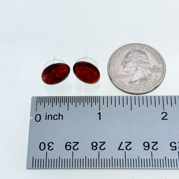 Vintage Sterling Silver 925 Oval Amber Stud Earrings - Picture 5 of 6